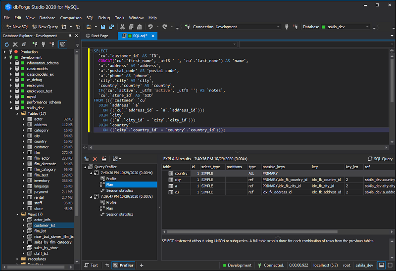 DbForge Studio Query Profiler for analyzing and optimizing SQL queries.