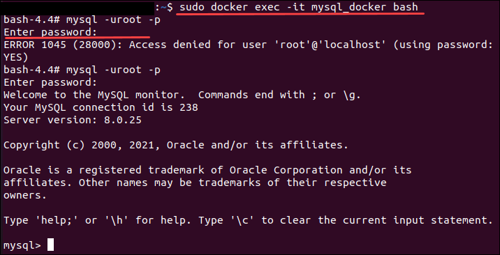 A command for connecting to a MySQL Docker container.