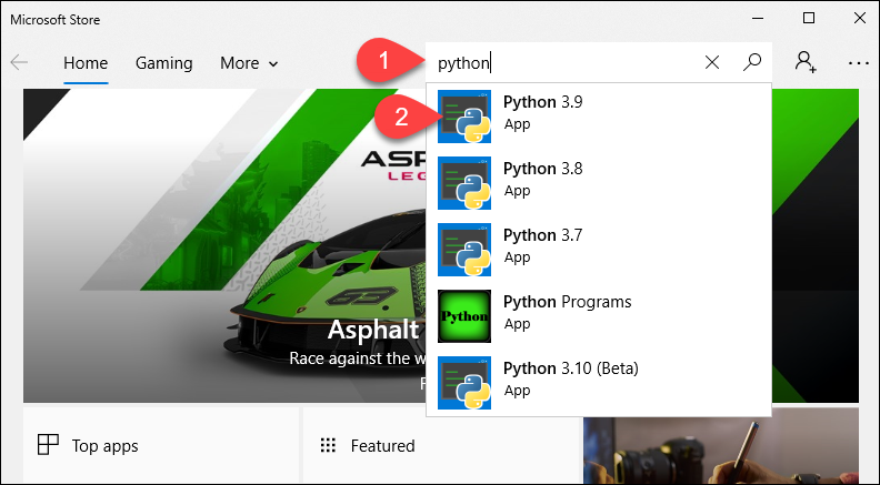 Searching for Python 3 in Microsoft Store