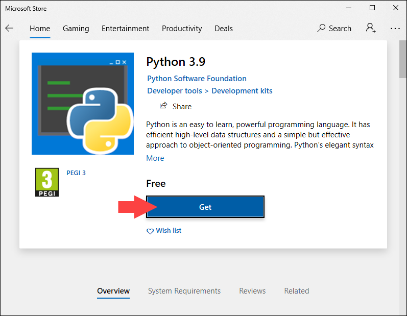 Starting Python 3.9 installation in Microsoft Store