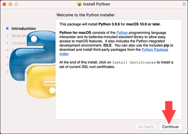 Starting a Python 3.9 installation in Mac OS using the installer