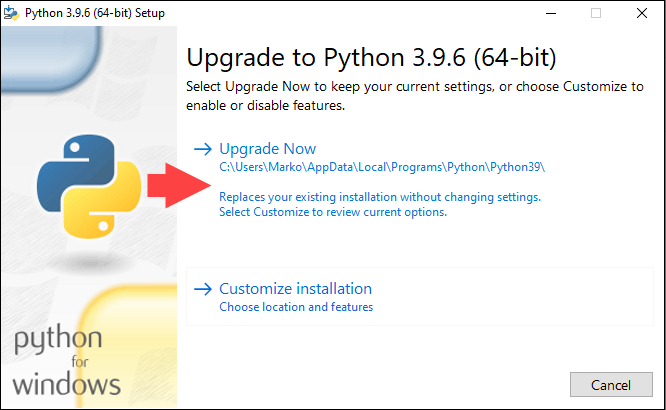 Starting the upgrade of Python 3 in Windows