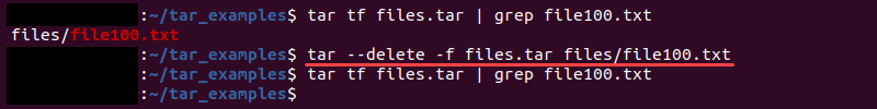 tar --delete terminal output