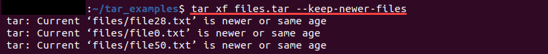 tar xf --keep-newer-files terminal output