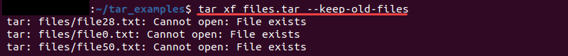 tar xf --keep-old-files terminal output
