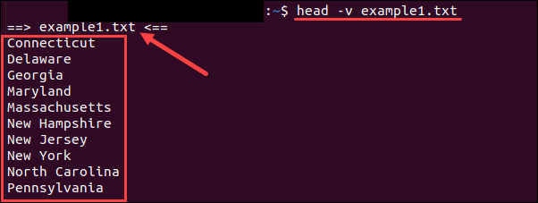 Display the file name tag with the head command output.