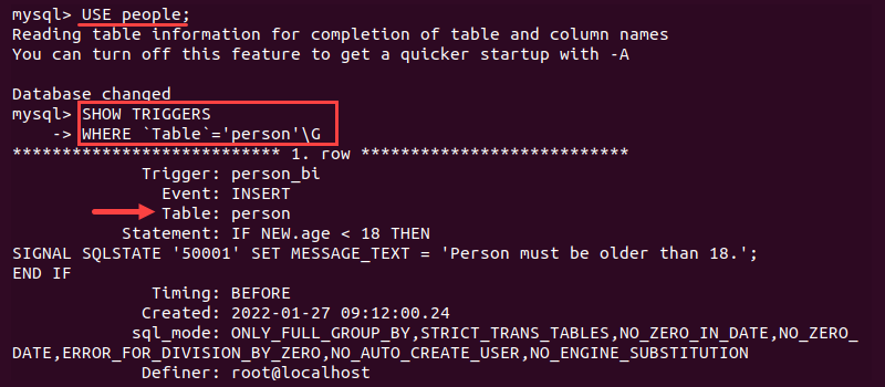 USE DATABASE SHOW TRIGGERS WHERE table MySQL output