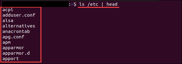 Using the head command with pipeline.