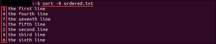 Randomly sorting a file's contents using the sort command.