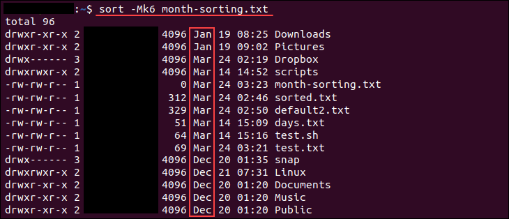 Sorting a file's contents based on the months specified in the file.