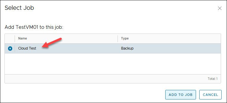 Choosing a Veeam backup job from the list in Cloud Director