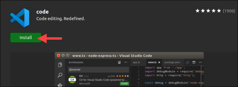 Installing vscode on Ubuntu using the GUI Ubuntu Software Center app.