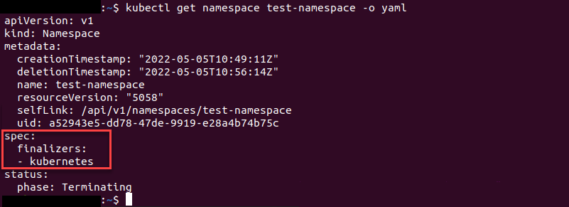 Displaying the configuration of a namespace in the yaml format.