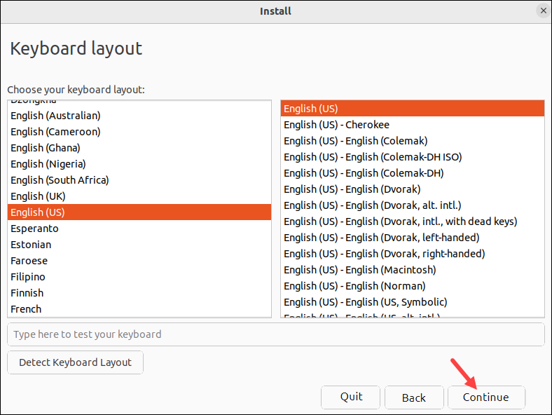 Selecting the keyboard layout during Ubuntu installation.