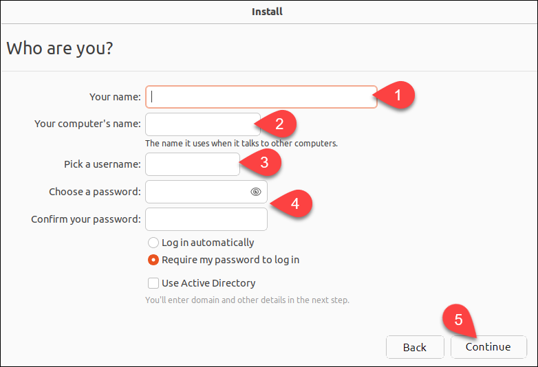Creating a user account during Ubuntu installation.