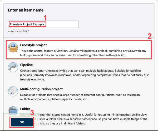 Enter the project name, select the project type, and click OK to confirm