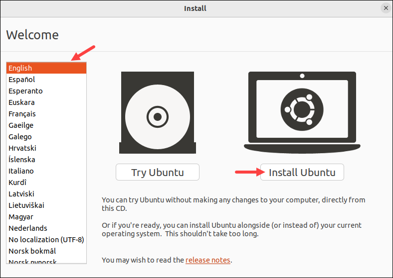 Ubuntu installation welcome screen.