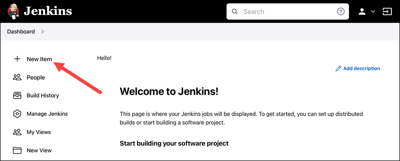 Click the New Item link on the left-hand side of the Jenkins dashboard