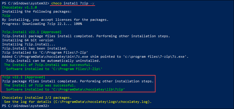 Installing a package using Chocolatey.