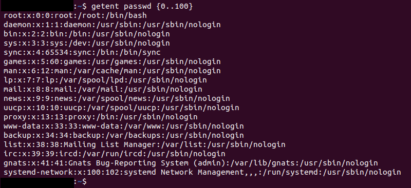 Searching the passwd database by providing a UID range, using getent to list users in Linux.