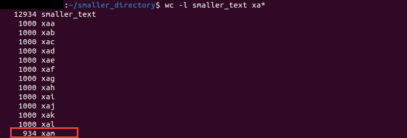 wc l smaller text split files terminal output