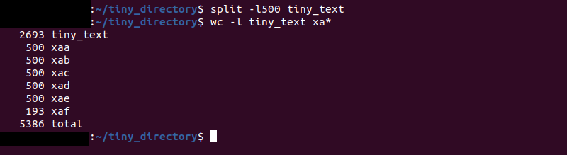split l wc l tiny text terminal output