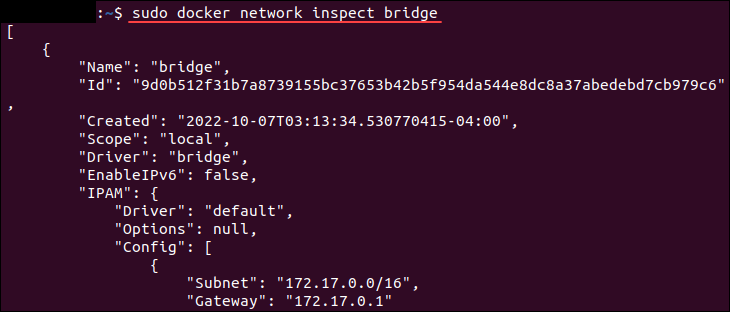 Viewing a network's details in Docker.