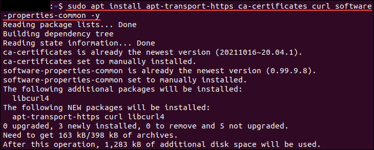 Installing the prerequisite packages for Docker on Ubuntu.