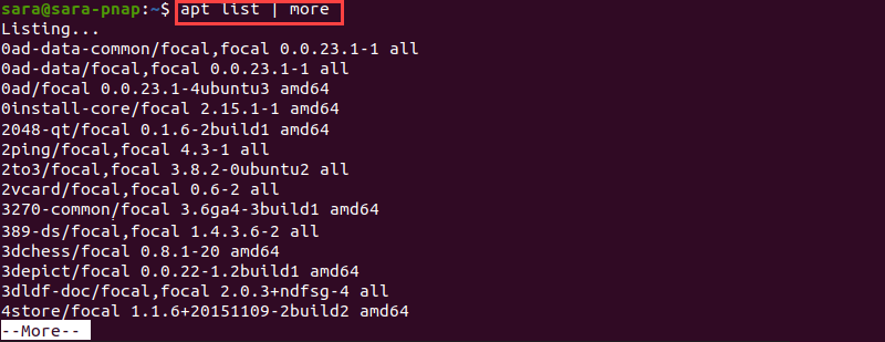apt list more terminal output