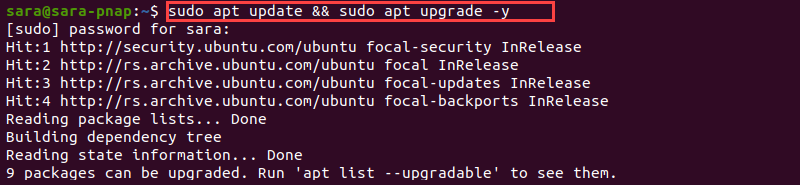 sudo apt update and sudo apt upgrade terminal output
