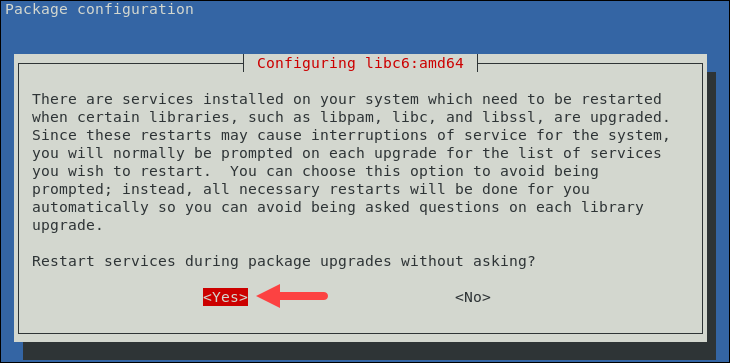 Prompt asking to restart system services on Debian 10 during upgrade.